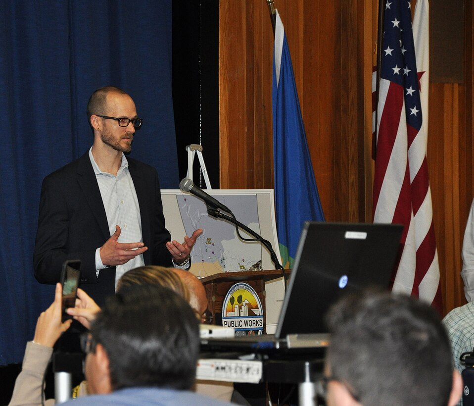 David Silvertooth, study manager and Southern California Silver Jackets coordinator with the Water Resources Planning Section, U.S. Army Corps of Engineers Los Angeles District, speaks to more than 45 local, state and federal representatives about Flood Preparedness Week during a flood-risk tabletop exercise June 21 at the LA County Department of Public Works.