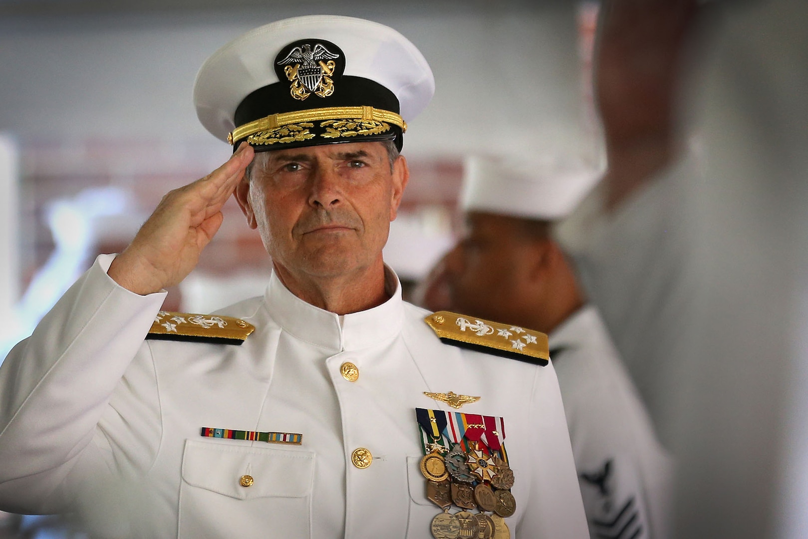 Vice Chief of Naval Operations Adm. Bill Moran arrives to preside over a ceremony establishing Expeditionary Exploitation Unit ONE, EXU-1, as a stand-alone command onboard Naval Support Facility Indian Head, June 29.