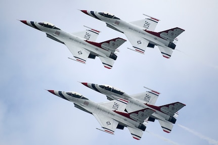 The U.S. Air Force Thunderbirds perform during the Special Needs and Department of Defense Family Day at the Arctic Thunder Open House, June 29, 2018. This biennial event hosted by Joint Base Elmendorf-Richardson, Alaska, is one of the largest in the state and one of the premier aerial demonstrations in the world. The event features multiple performers and ground acts to include the JBER joint forces, U.S. Air Force F-22, and U.S. Air Force Thunderbirds demonstrations teams, June 30-July 1.