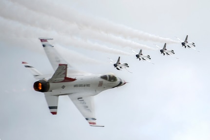 The U.S. Air Force Thunderbirds perform during the Special Needs and Department of Defense Family Day at the Arctic Thunder Open House, June 29, 2018. This biennial event hosted by Joint Base Elmendorf-Richardson, Alaska, is one of the largest in the state and one of the premier aerial demonstrations in the world. The event features multiple performers and ground acts to include the JBER joint forces, U.S. Air Force F-22, and U.S. Air Force Thunderbirds demonstrations teams, June 30-July 1.