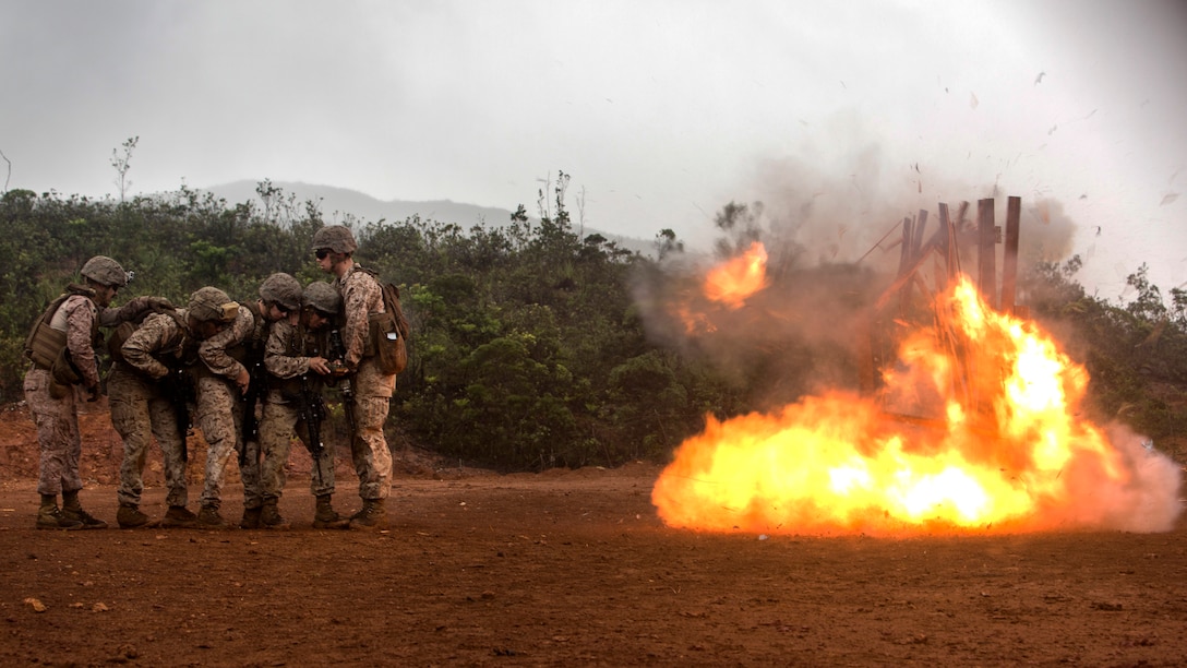 U.S. Marines Corps Combat Engineers with Marine Rotational Force Darwin, conduct a breach at Plum, New Caledonia, May 16, 2018. As a Combat Engineer, performing a breach is an objective that can be tasked if necessary. Their capabilities are both constructive, e.g., building bunkers, providing utilities and destructive, e.g., demolition and breaching support capabilities to the battlefield. This unique combination of capabilities provides knowledge, experience and skills to commanders at the operational and tactical levels with which they can, according to Marine Corps Warfighting Publication 3-34, friction, facilitate maneuver and improve the morale of friendly forces or create friction and disorder for the enemy.