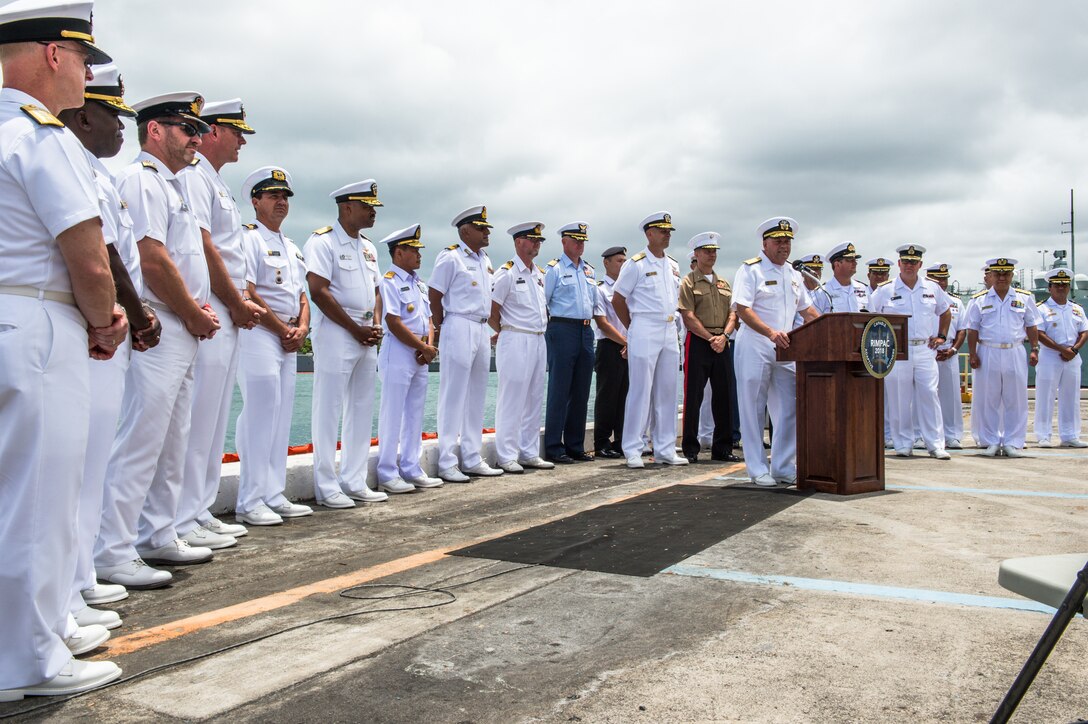 Vice Adm. John D. Alexander, commander, U.S. 3rd Fleet, and multi-national participants, answer questions about the Rim of the Pacific (RIMPAC) 2018 exercise during a press conference on Joint Base Pearl Harbor-Hickam, June 28. Twenty-five nations, more than 45 ships and submarines, about 200 aircraft and 25,000 personnel are participating in RIMPAC from June 27 to Aug. 2 in and around the Hawaiian Islands and Southern California. The world’s largest international maritime exercise, RIMPAC provides a unique training opportunity while fostering and sustaining cooperative relationships among participants critical to ensuring the safety of sea lanes and security of the world’s oceans. RIMPAC 2018 is the 26th exercise in the series that began in 1971.