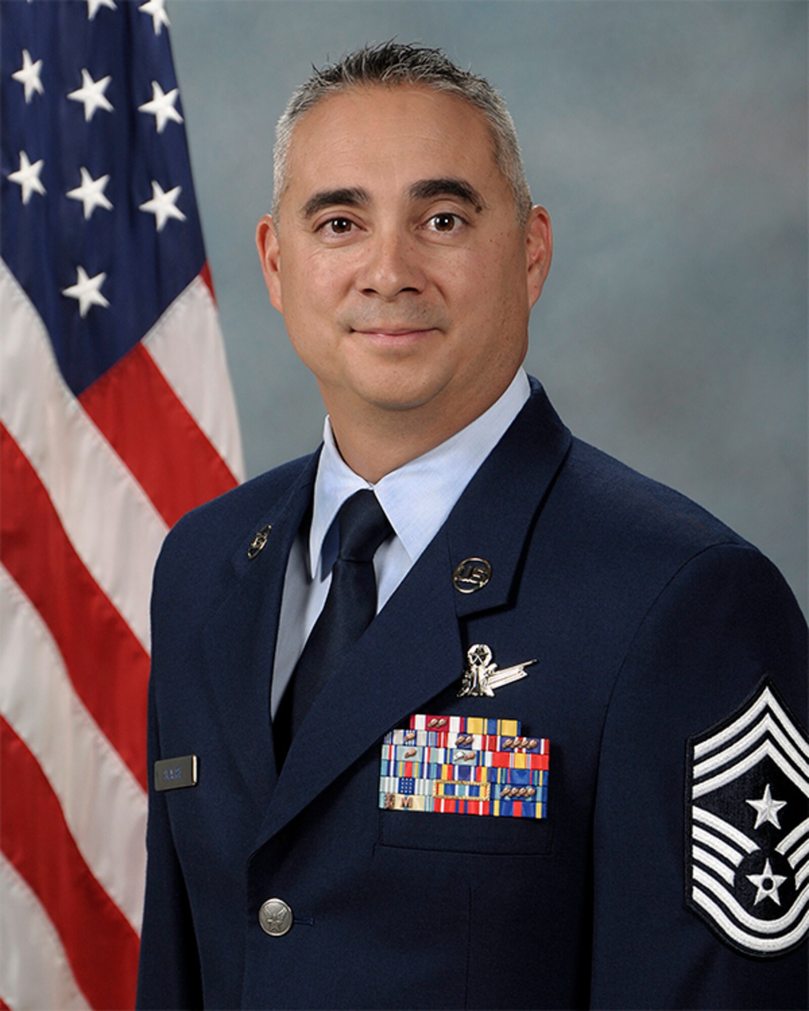 Biography photo for CMSgt Kahn Scalise, 302nd Airlift Wing command chief.