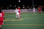 FORT BLISS, Texas - German and Bahrain players stand ready to head bump the ball in the middle of the pitch during Match 12 of the 2018 Conseil International du Sport Militaire (CISM) World Military Women's Football Championship on June 29. International military teams squared off to eventually crown the best women soccer players among the international  militaries participating. U.S. Navy photo by Mass Communication Specialist 3rd Class Camille Miller (Released)