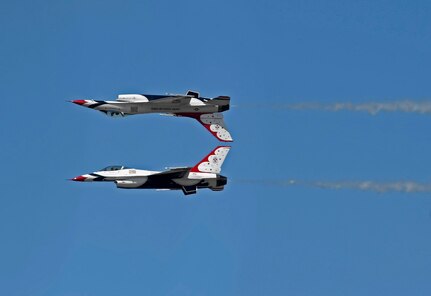 The U.S. Air Force Thunderbirds Demonstration Team perform at the Arctic Thunder Open House, June 30, 2018. This biennial event hosted by Joint Base Elmendorf-Richardson, Alaska, is one of the largest in the state and one of the premier aerial demonstrations in the world. The event features multiple performers and ground acts to include the JBER joint forces, U.S. Air Force F-22, and U.S. Air Force Thunderbirds demonstrations teams, June 30-July 1.