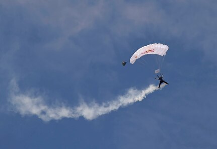 Red Bull Air Force member Miles Daisher, makes his way down to the crowd during the Arctic Thunder Open House, June 30, 2018. This biennial event hosted by Joint Base Elmendorf-Richardson, Alaska, is one of the largest in the state and one of the premier aerial demonstrations in the world. The event features multiple performers and ground acts to include the JBER joint forces, U.S. Air Force F-22, and U.S. Air Force Thunderbirds demonstrations teams, June 30-July 1.