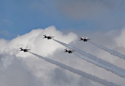 The U.S. Air Force Thunderbirds Demonstration Team perform at the Arctic Thunder Open House, June 30, 2018. This biennial event hosted by Joint Base Elmendorf-Richardson, Alaska, is one of the largest in the state and one of the premier aerial demonstrations in the world. The event features multiple performers and ground acts to include the JBER joint forces, U.S. Air Force F-22, and U.S. Air Force Thunderbirds demonstrations teams, June 30-July 1.