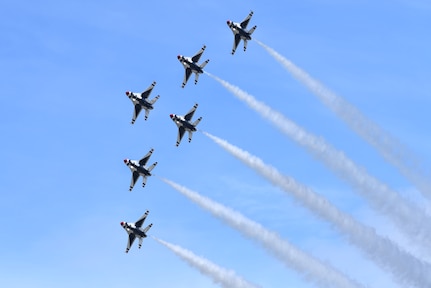 The U.S. Air Force Thunderbirds perform during Arctic Thunder Open House at Joint Base Elmendorf-Richardson, Alaska, June 30, 2018. During the biennial open house, JBER opens its gates to the public and hosts multiple performers including the U.S. Air Force Thunderbirds, JBER Joint Forces Demonstration and the U.S. Air Force F-22 Raptor Demonstration Team.