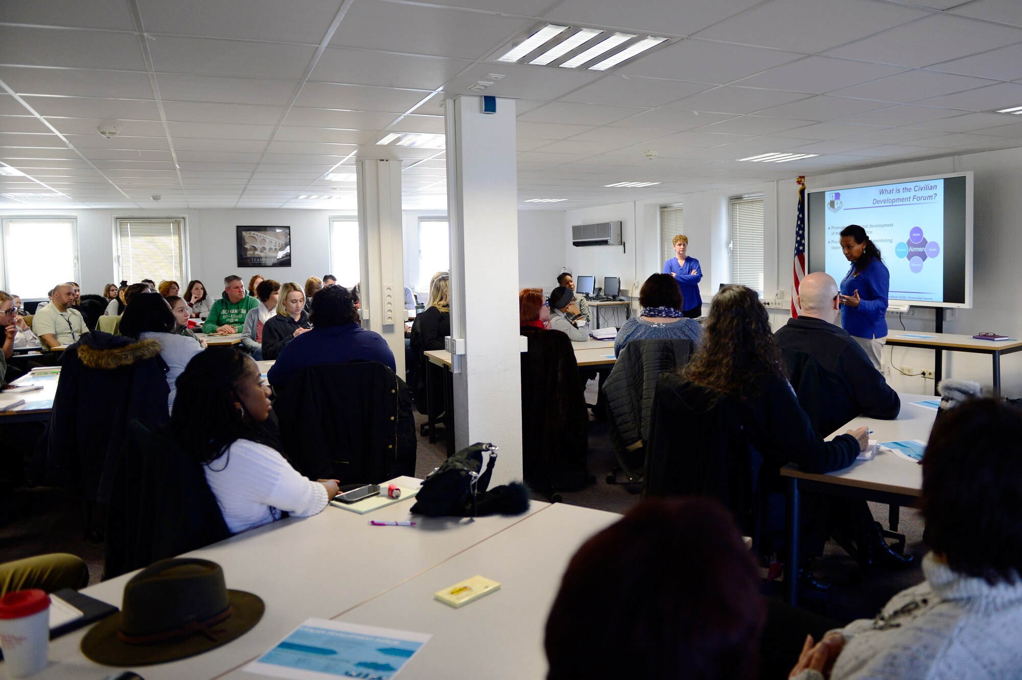 Ivette O'Brien, 52nd Mission Support Group deputy director, speaks during the first Civilian Development Forum at Spangdahlem Air Base, Germany, Feb 27, 2018. The forum will be offered the second Tuesday of every month in building 131. The topics will vary monthly and include subjects such as conflict management, mentorship, and resilience. (U.S. Air Force photo by Tech. Sgt. Staci Kasischke)