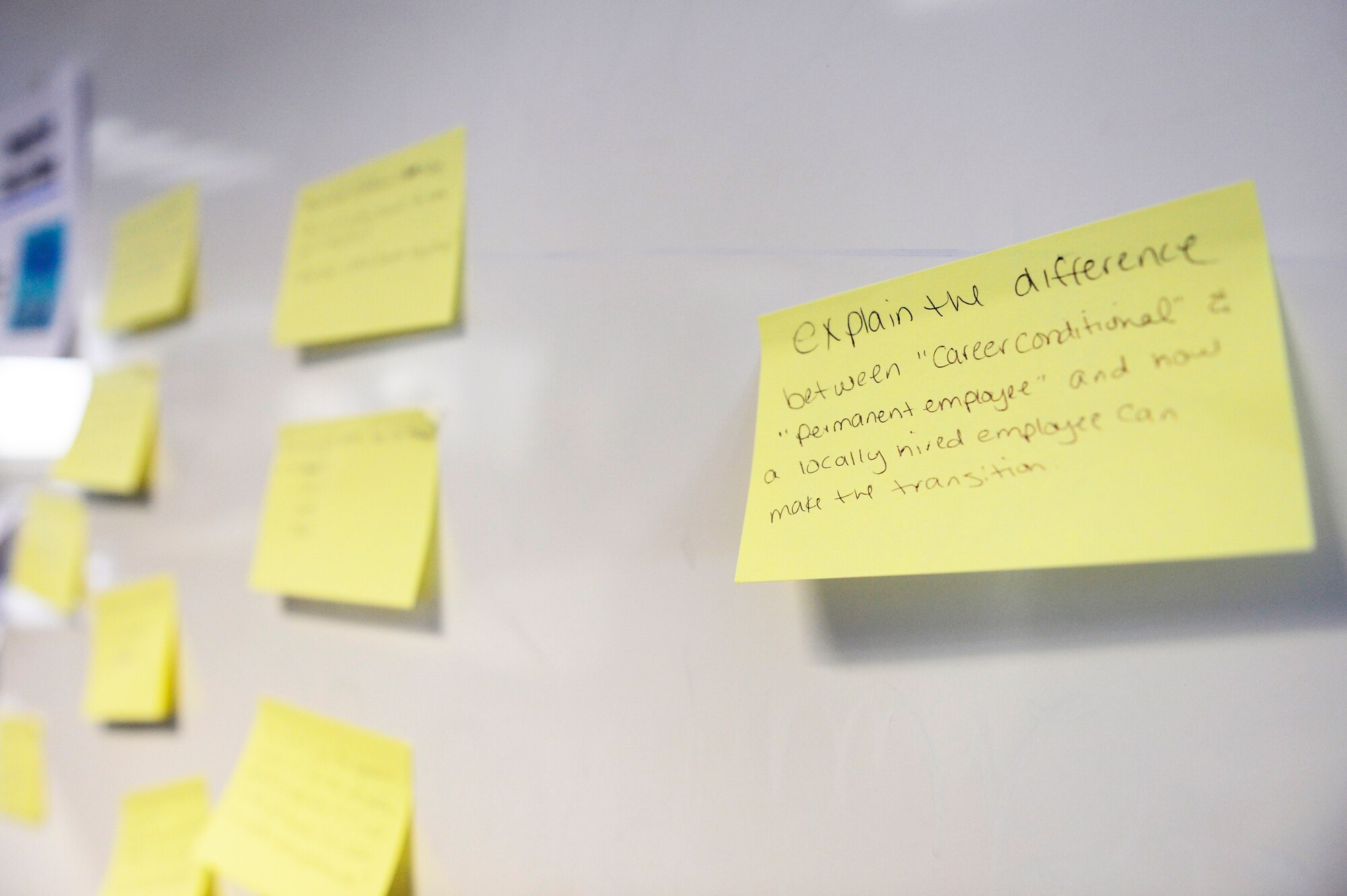 Participates wrote questions or suggestions for future forums and placed them on a white board during the first Civilian Development Forum at Spangdahlem Air Base, Germany, Feb 27, 2018. The forum will be offered the second Tuesday of every month in building 131. The topics will vary monthly and include subjects such as conflict management, mentorship, and resilience. (U.S. Air Force photo by Tech. Sgt. Staci Kasischke