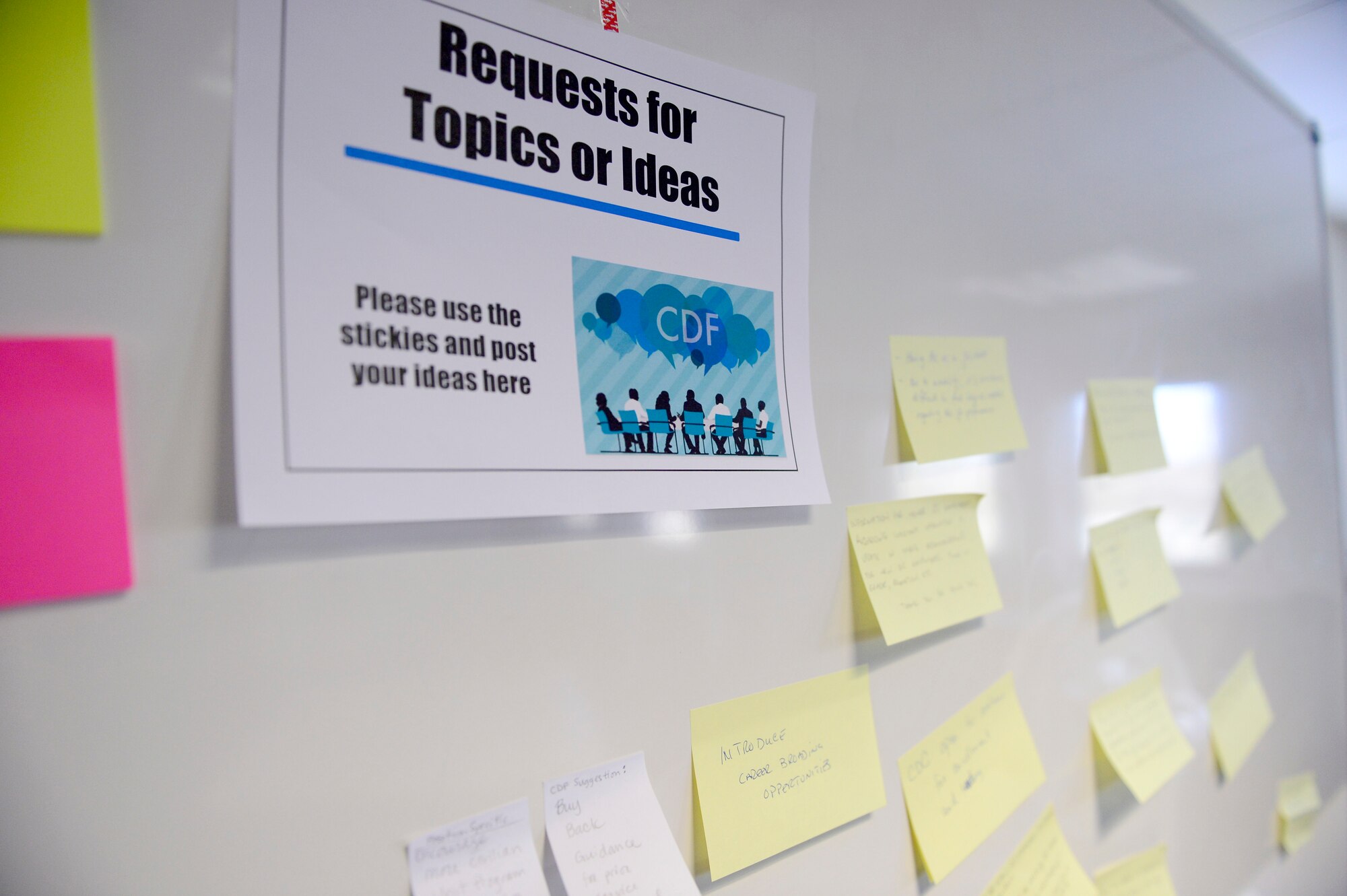 Participates wrote questions or suggestions for future forums and placed them on a white board during the first Civilian Development Forum at Spangdahlem Air Base, Germany, Feb 27, 2018. The forum will be offered the second Tuesday of every month in building 131. The topics will vary monthly and include subjects such as conflict management, mentorship, and resilience