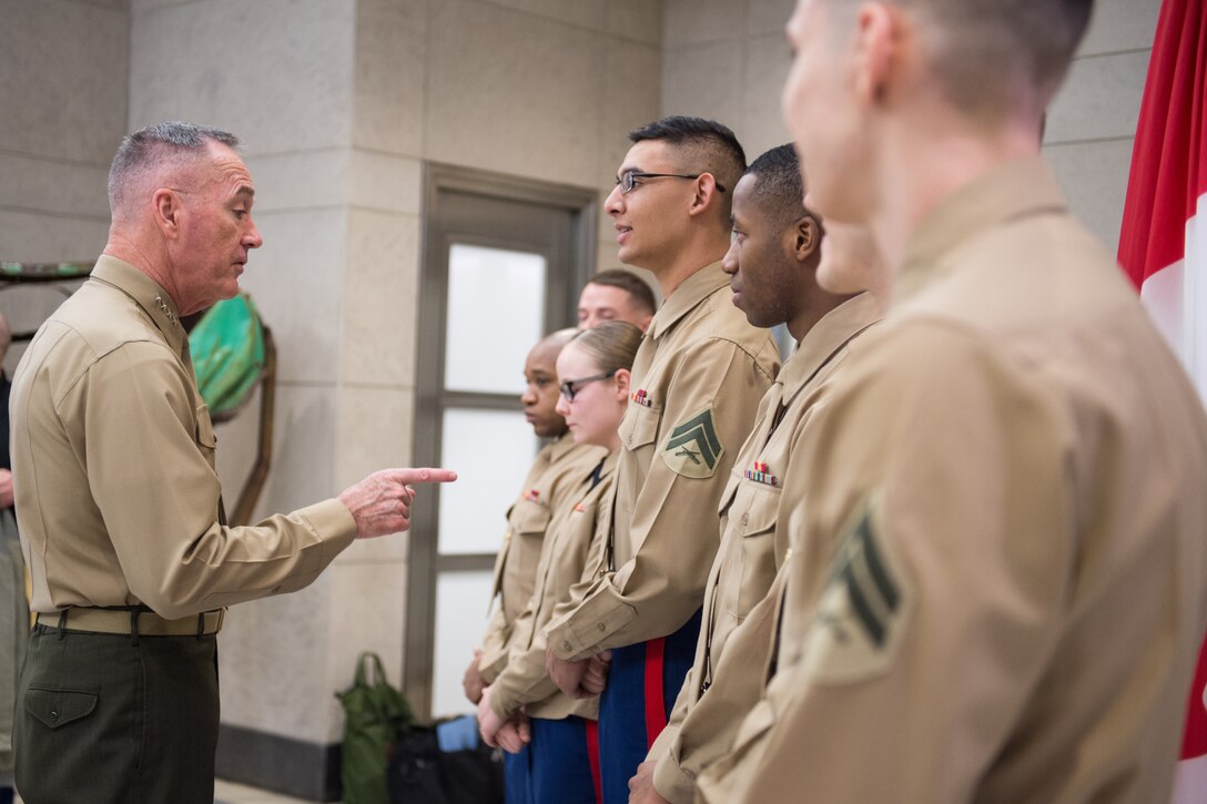 Marine Corps Gen. Joe Dunford meets with Marines at the U.S. Embassy in Ottawa, Canada.