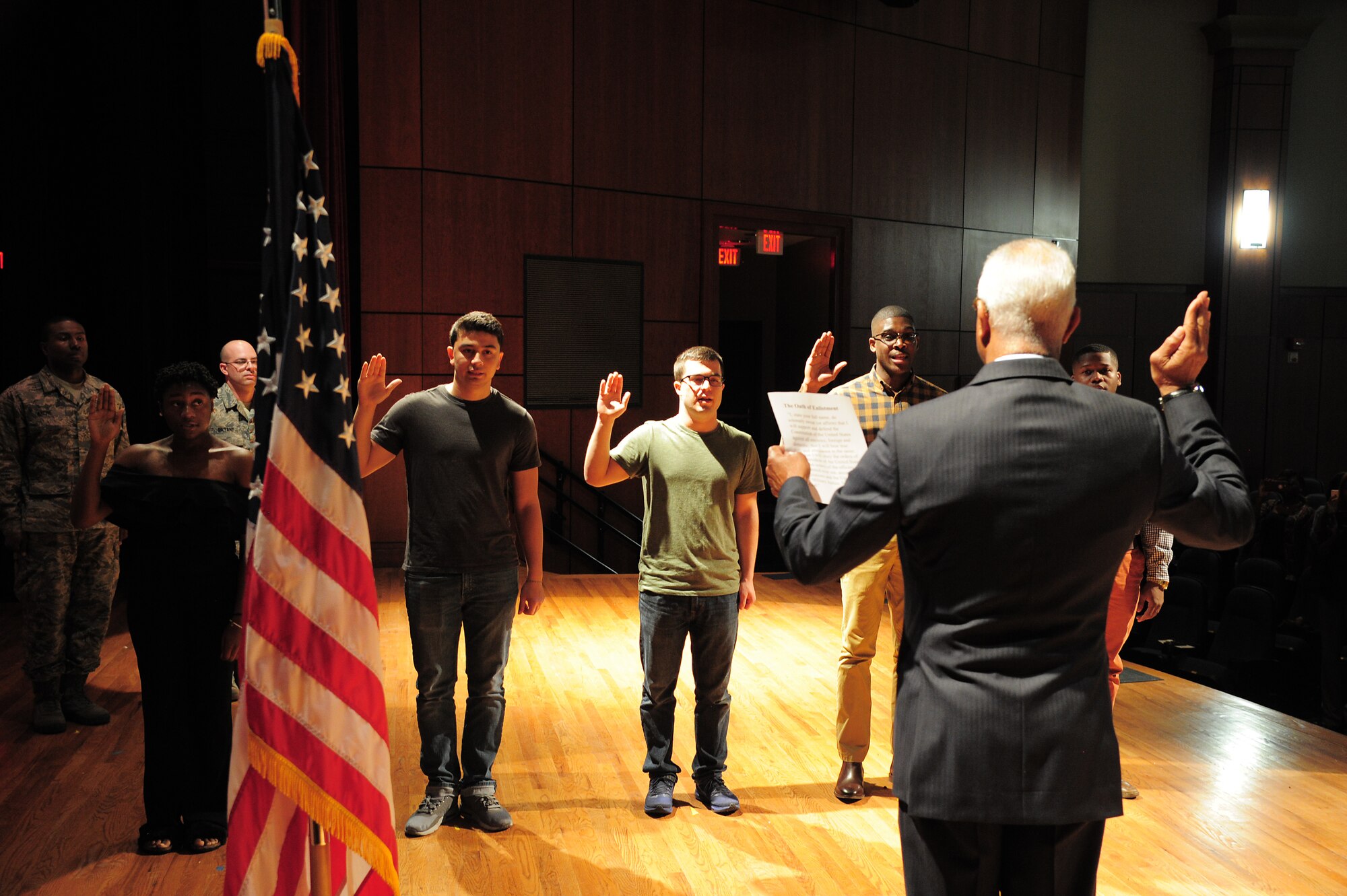Maj. Gen. Leo Williams administers the Oath of Enlistment to five eager enlistees during the start of Tuskegee Airmen Career Day, Feb. 27, 2018 at Joint Base Charleston, S.C. (U.S. Air Force photo by SrA Jonathan Lane).