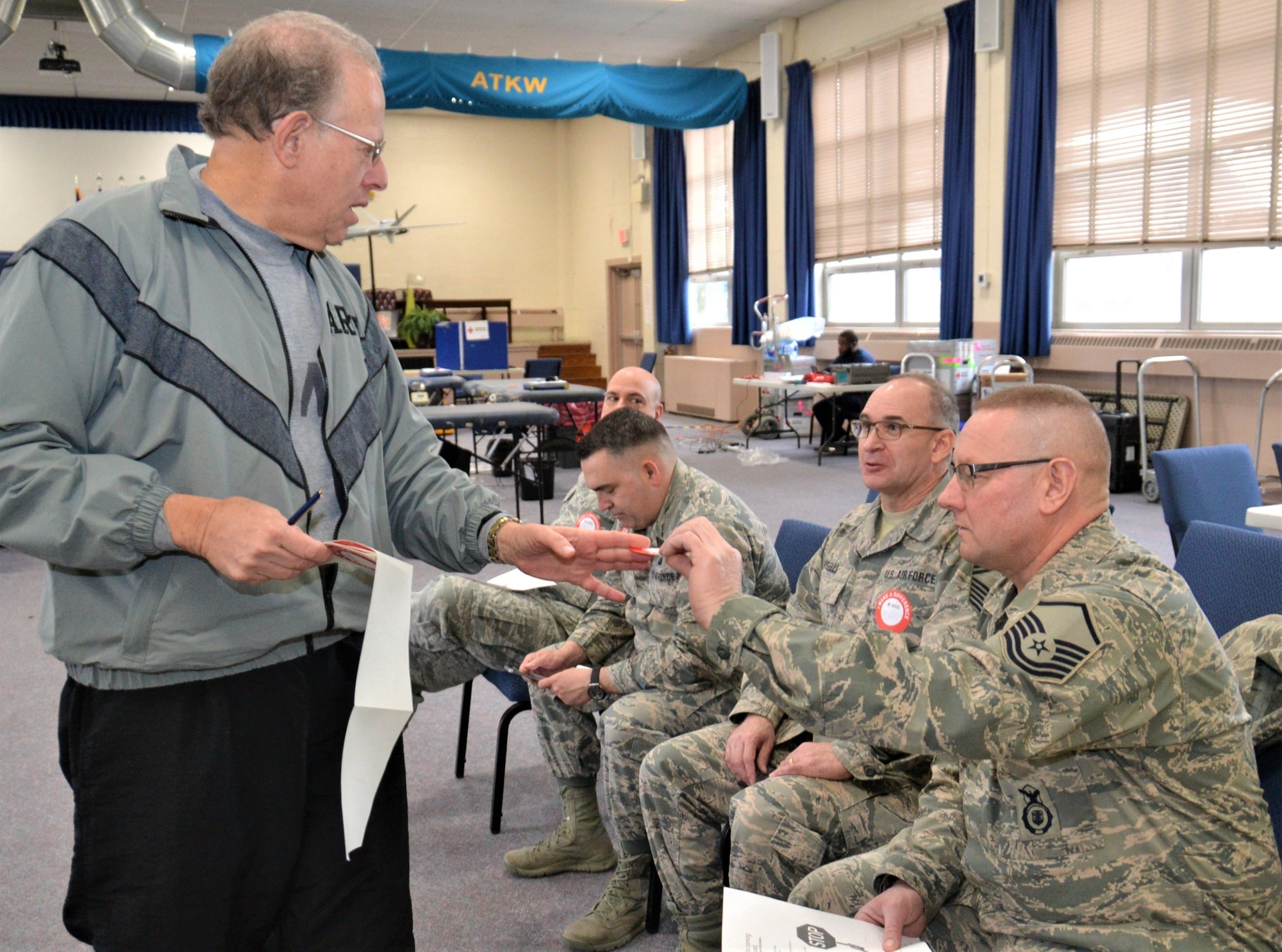 Members of the 111th Attack Wing doante their time and blood to the Red Cross Feb. 11, 2018 at Horsham Air Guard Station, Pa. Recent winter weather conditions have lead to a significant shortfall in blood donations within the local area. (U.S. Air National Guard photo by Tech. Sgt. Andria Allmond)