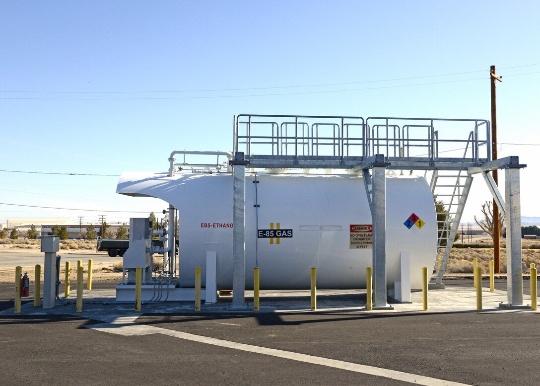 Contractors installed a cat walk at the E-85 refueling point at the main base military gas station as one of the upgrades the main base military gas station. Originally built in 1956, the gas station dispenses regular vehicle fuel (MOGAS) and bio-diesel fuel, as well as the only fueling station with Ethanol (E-85) fuel for flex-fuel vehicles. Among the five military self-serve gas stations on Edwards, this gas station dispenses the most fuel with an annual average over 243,000 gallons per year.  (U.S. Air Force photo by Kenji Thuloweit)