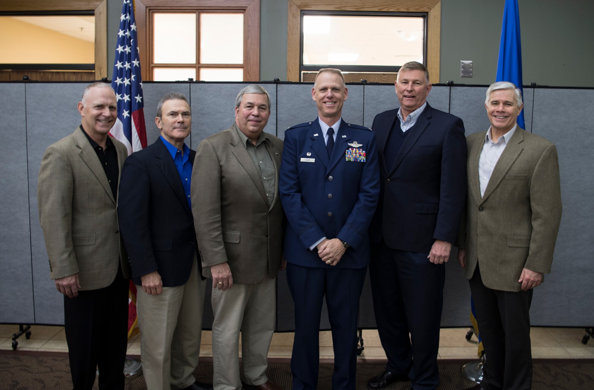 Grissom leadership past and present gathered for the Grissom Community Council general membership meeting Feb. 15 at the base. From the left Ret. Colonel’s Tim Cox, Tim Cahoon, Retired Brig. Gen. Dean Despinoy, Col. Larry Shaw, current 434 ARW commander, Ret. Colonels Doug Schwartz, and Gary Beebe.
