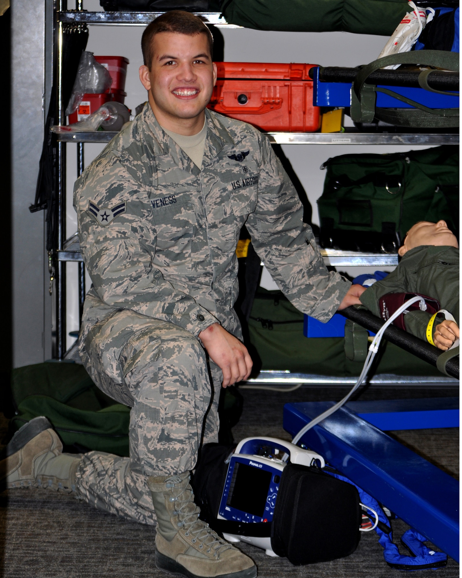 Airman 1st Class Jeffrey Veness, 445th Aeromedical Evacuation Squadron medical technician, is the 445th Airlift Wing March Spotlight Performer.