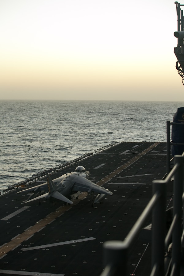 ATLANTIC OCEAN (February 24, 2018) A U.S. Marine Corps AV-8B Harrier with Marine Medium Tiltrotor Squadron (VMM) 162 (Reinforced), 26th Marine Expeditionary Unit (MEU), prepares to take off from the flight deck of the amphibious assault ship USS Iwo Jima (LHD 7), Feb. 24, 2018. The 26th MEU is deployed at sea to conduct maritime security operations, crisis response and theater security cooperation, while also providing a forward expeditionary naval presence. (U.S. Marine Corps photo by Cpl. Jered T. Stone/Released)