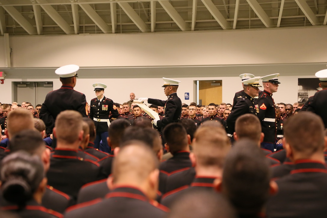 Chief Warrant Officer 2 Richard M. Bonner, Personal Officer, Headquarters and Service Company, reads the 13th Commandant of the Marine Corps General John A. Lejeune’s Birthday Message in his role as the Adjutant for the Students Marine Corps Birthday Ball on Fort Leonard Wood, MO Nov. 10th, 2017. This was the first birthday message written by General Lejeune is to celebrate the birth of the Marine Corps. (U.S. Marine Corps photo by Sgt. Teng Yang)