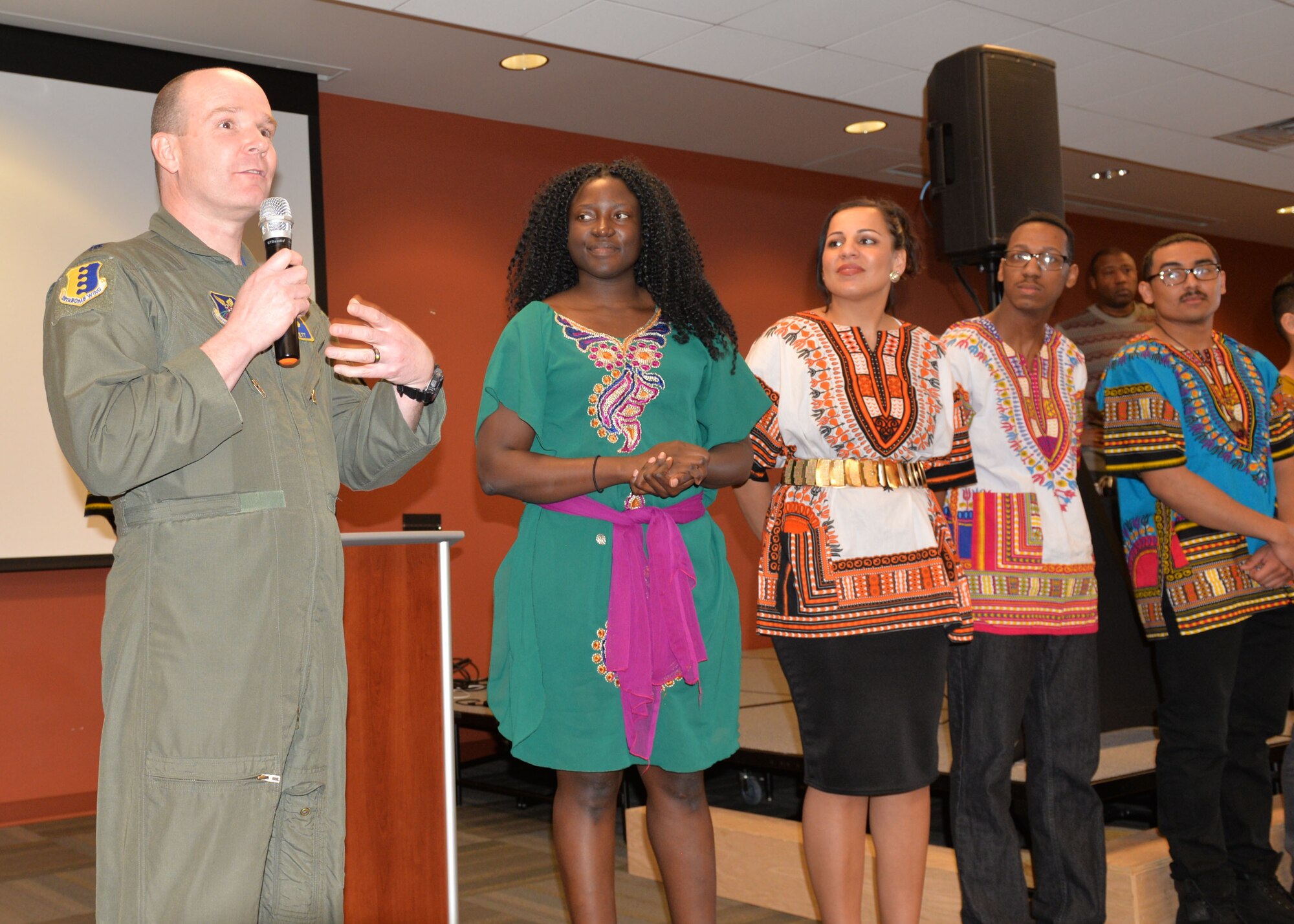 Lt. Col. Nathan Barrett, the 28th Bomb Wing director of staff, gives closing remarks during a cultural exposé at Ellsworth Air Force Base, S.D., Feb. 23, 2018. The Diversity Council is planning more events to spread cultural awareness among the base’s Airmen. (U.S. Air Force photo by Senior Airman Michella T. Stowers)
