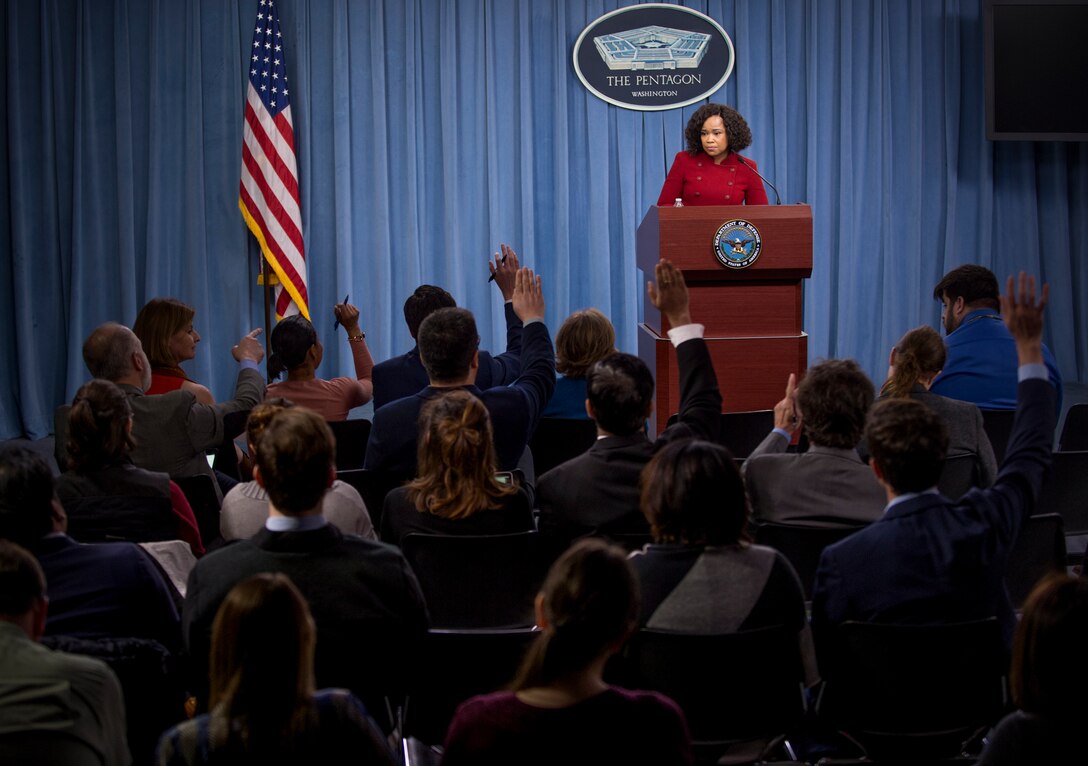 A spokesperson addresses the press at the Pentagon.
