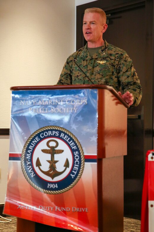 Brig. Gen. Paul Rock Jr. speaks during the Navy-Marine Corps Relief Society Active Duty Fund Drive kickoff Feb. 27 aboard Camp Foster, Okinawa, Japan. The Active Duty Fund Drive funds programs offered through the NMCRS like the budget for baby classes and interest free loans. Rock is the commanding general of Marine Corps Installations Pacific-Marine Corps Base Camp Butler, Japan. (U.S. Marine Corps photo by Pfc. Nicole Rogge)