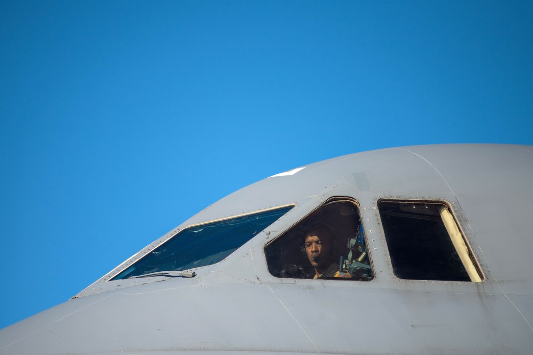 1st Lt. David Brown prepares to take off in a C-5M Super Galaxy aircraft.