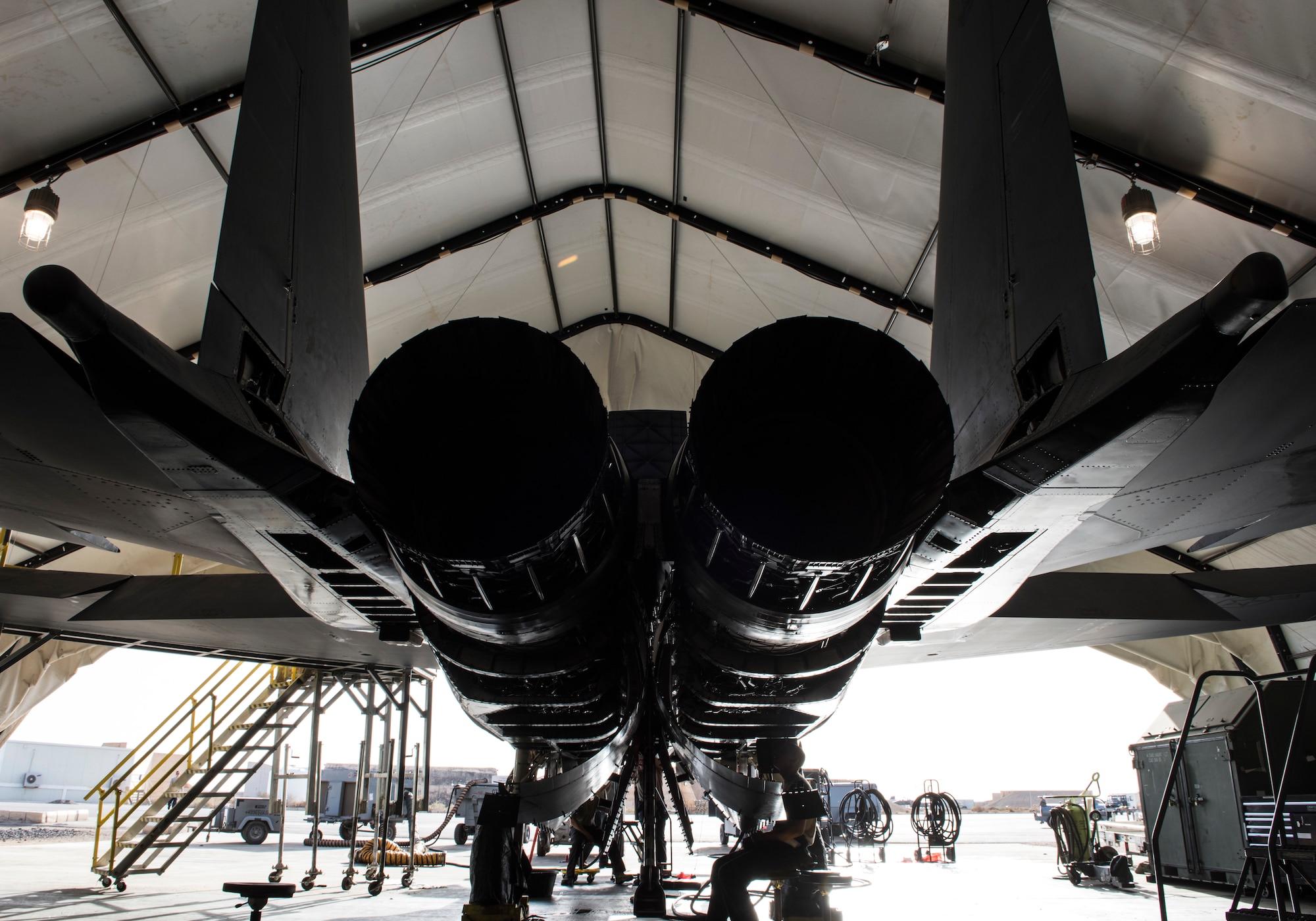 An F-15E Strike Eagle assigned to the 336th Expeditionary Fighter Squadron undergoes full phase maintenance and inspections March 1, 2018, at an undisclosed location. The F-15E Strike Eagle is an all-weather, dual-role fighter designed to perform air-to-air and air-to-ground missions. (U.S. Air Force photo by Staff Sgt. Joshua Kleinholz)