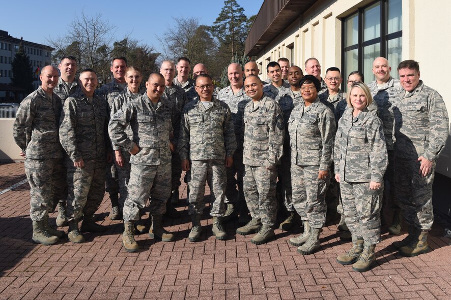 Members of U.S. Air forces in Europe’s Senior Religious Support Team pose for a group photo on Feb. 22, 2018, on Ramstein Air Base, Germany. The support team participated in a two-day conference to discuss their annual plans and budget.