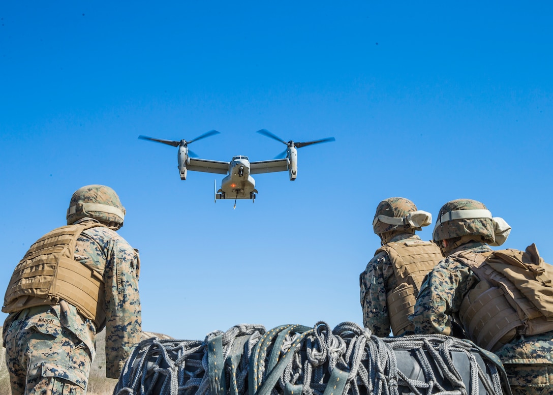 U.S. Marines with 1st Transportation Bn., Landing Support Co., await the arrival of an MV-22 Osprey during external lift drills conducted on Camp Pendleton, Calif., Mar. 1, 2018. 1st Transportation Bn. provides transportation and support for the Marine Expeditionary Force to facilitate the distribution of personnel, equipment, and supplies by air, ground, and sea.