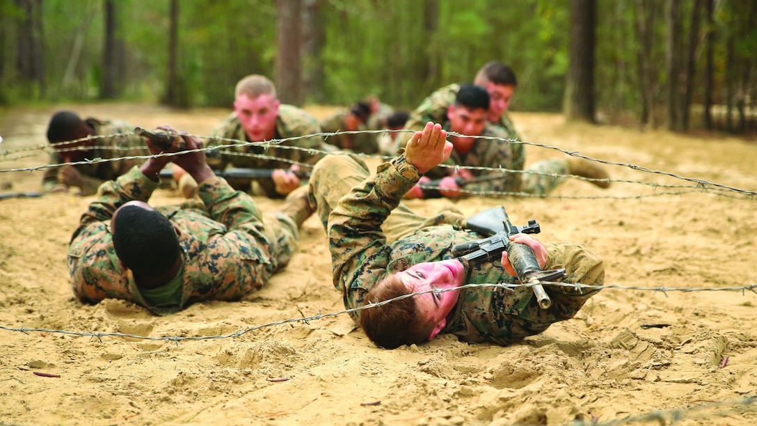 Marines maneuver through an obstacle during the combat endurance course aboard Marine Corps Recruit Depot Parris Island, Feb. 28.
