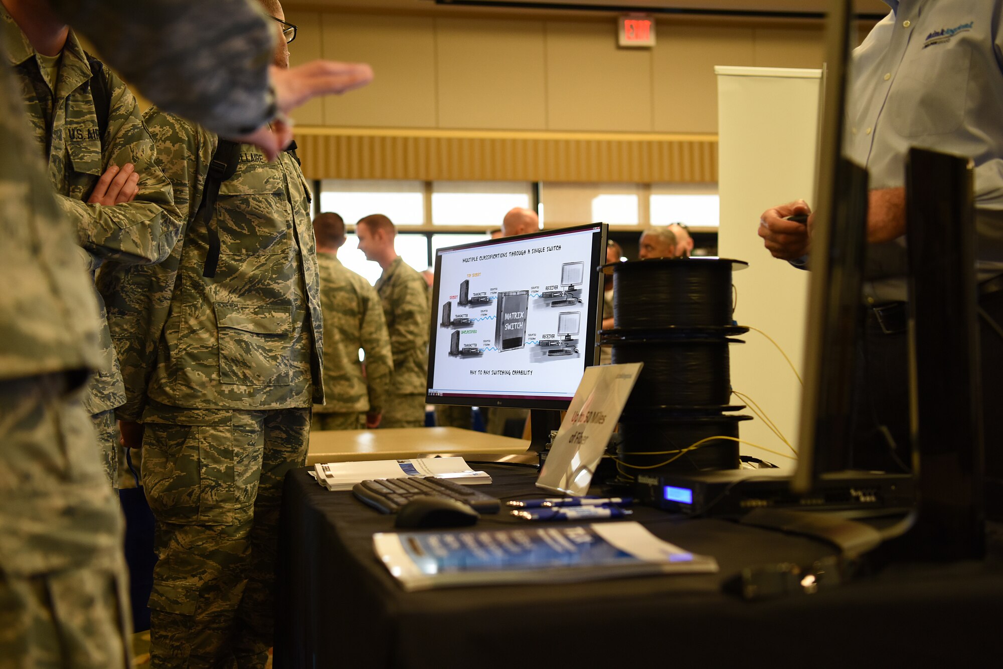 Technology products are displayed during the 2018 Keesler Technology Expo at the Bay Breeze Event Center Feb. 27, 2018, on Keesler Air Force Base, Mississippi. The expo was hosted by the 81st Communications Squadron and was free to all Defense Department, government and contractor personnel with base access. The event was held to introduce military members to the latest in technological advancements to bolster the Air Force’s capabilities in national defense.  (U.S. Air Force photo by Airman 1st Class Suzanna Plotnikov)