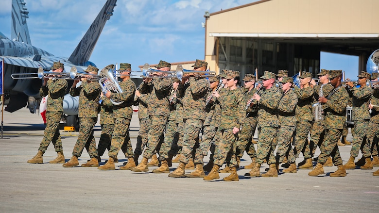 The Marine Corps Recruit Depot Parris Island Band performs during a change of command ceremony aboard Marine Corps Air Station Beaufort, Feb. 23.