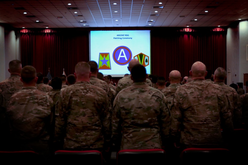 Soldiers from the Massachusetts National  Guard’s 151st Regional Support Group and Kansas National Guard’s 635th  Regionals Support Group, who are serving roles in U.S. Army Central,  stand at attention during a change of authority ceremony February, 28.  The ceremony marked the end of the first ever rotation of National  Guard Soldiers to take on the support mission for U.S. Army Central,  which commands the U.S. Army’s land forces in the Middle East.