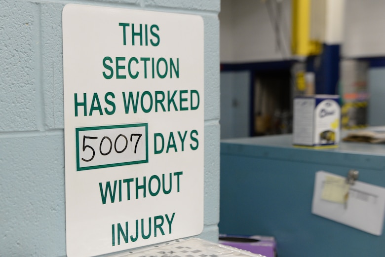 The sign displaying over 5,000 days of safety stands on display in the hydraulic shop February 27, 2018, on Altus Air Force Base, Okla. The hydraulic shop recently reached 5,000 days with no injuries or lost time due to safety incidents. (U.S. Air Force photo by Airman Jeremy Wentworth/released)