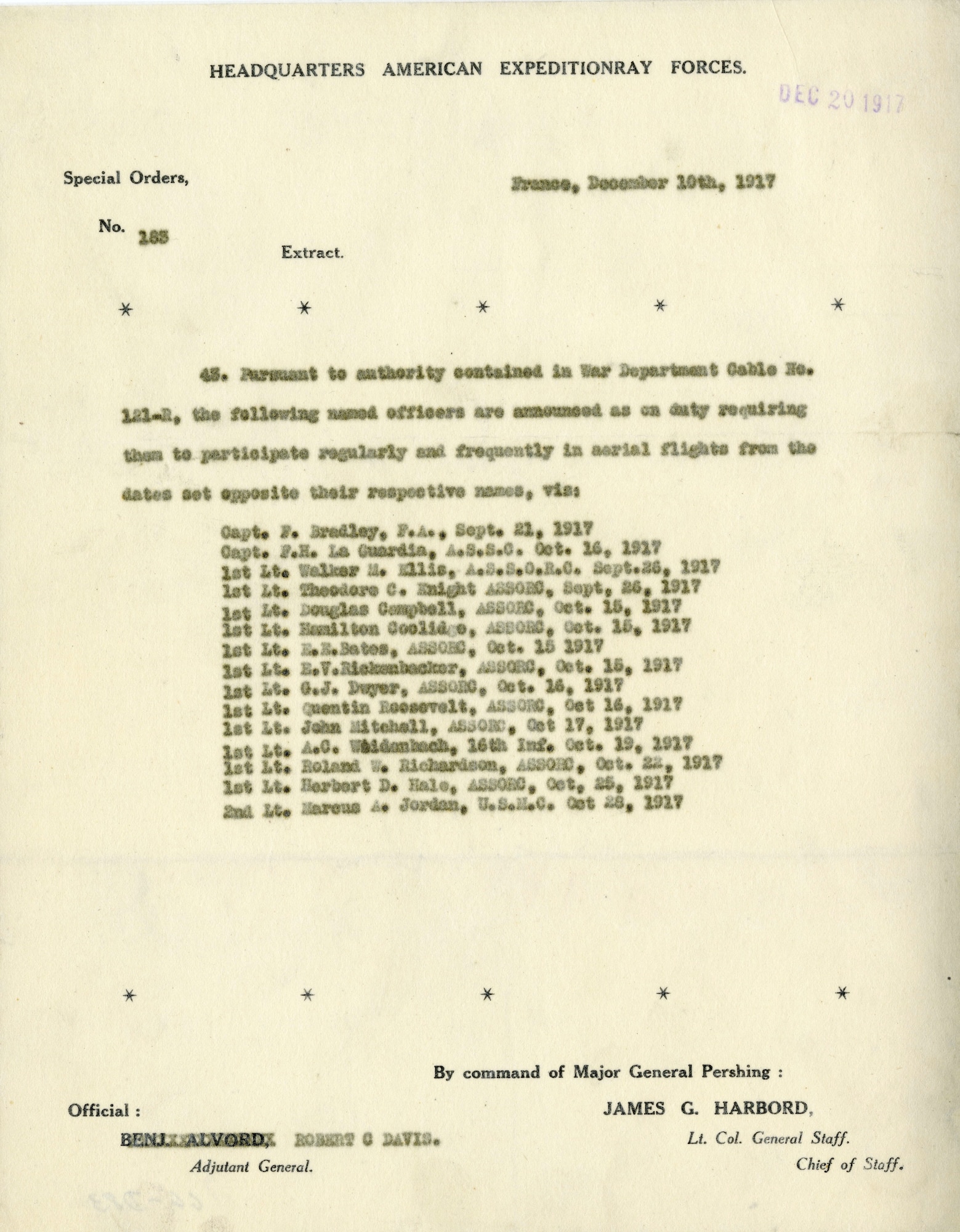Rickenbacker completed his pilot's training in just 17 days.  In addition to earning his pilot's wings, Rickenbacker also was commissioned as an officer. On December 10, 1917, Lt Rickenbacker and fourteen other pilots - including
Capt. Fiorella LaGuardia, Lt. Douglas Campbell, and Lt. Quentin Roosevelt, were named in Special Order No. 183, instructing them to "participate regularly and frequently in aerial flights."  It was during these flights that Rickenbacker began to hone his skills as a pilot, preparing him for the aerial combat to come.
