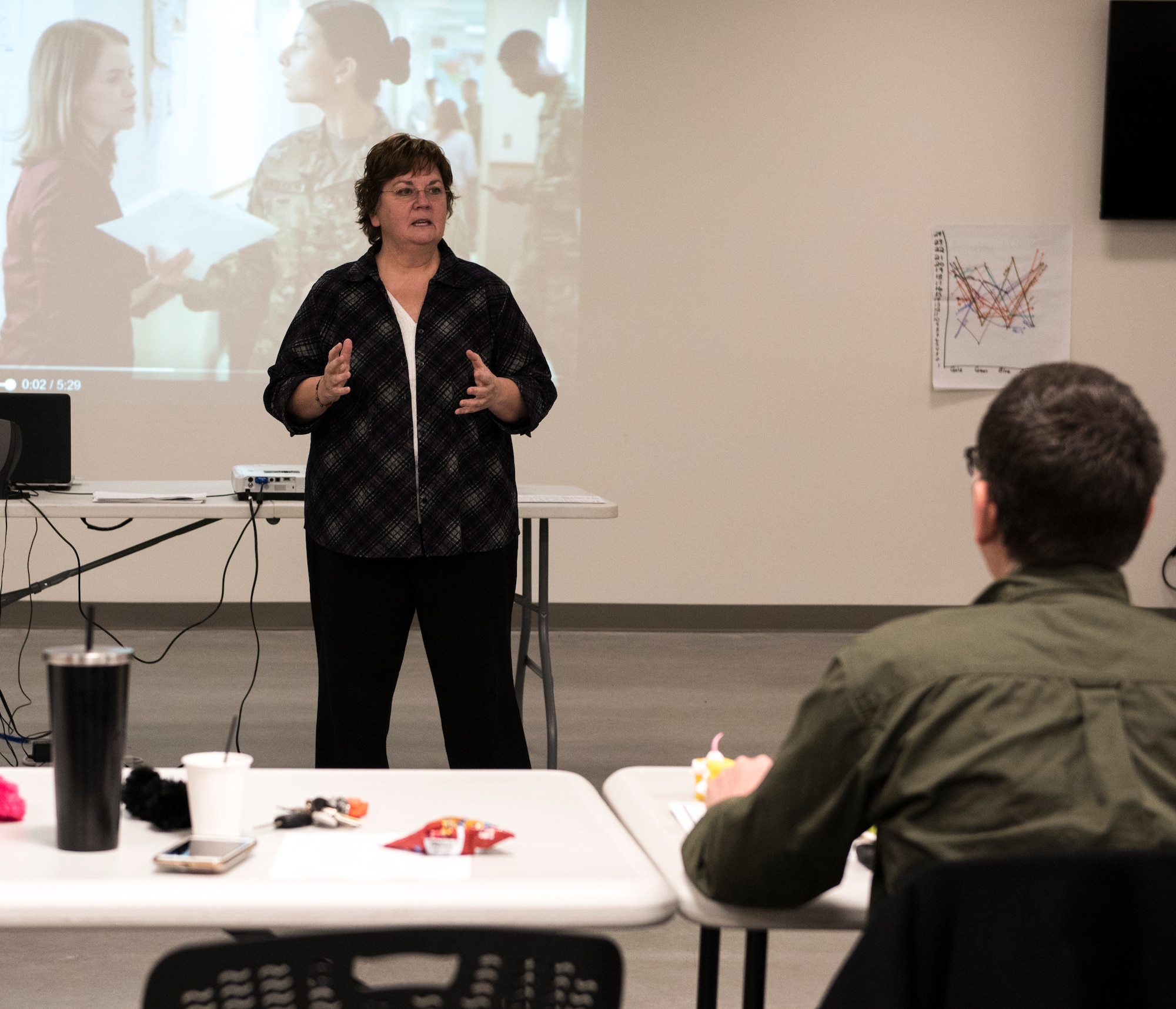 Marcia Richard, Director of Psychological Health at the 141st Air Refueling Wing, Fairchild Air Force Base, Wash. addresses a class of peer-to-peer support team members in training January 26, 2018 at Camp Murray, Wash. The Washington Air and Army National guard provides training three times a year for guardsmen who would like to be apart of the peer support team. (U.S. Air National Guard photo by Staff Sgt. Rose M. Lust)