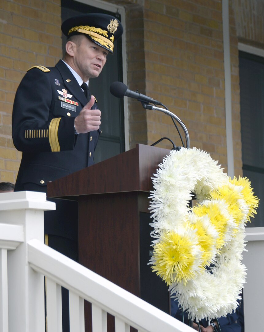 Lt. Gen. Jeffrey Buchanan, commanding general of U.S. Army North (Fifth Army), at Joint Base San Antonio-Fort Sam Houston, gives closing remarks during the ceremony at the Foulois House March 2, commemorating the 108th anniversary of the first flight of Signal Corps Aircraft No. 1 by Lt. Benjamin Foulois.