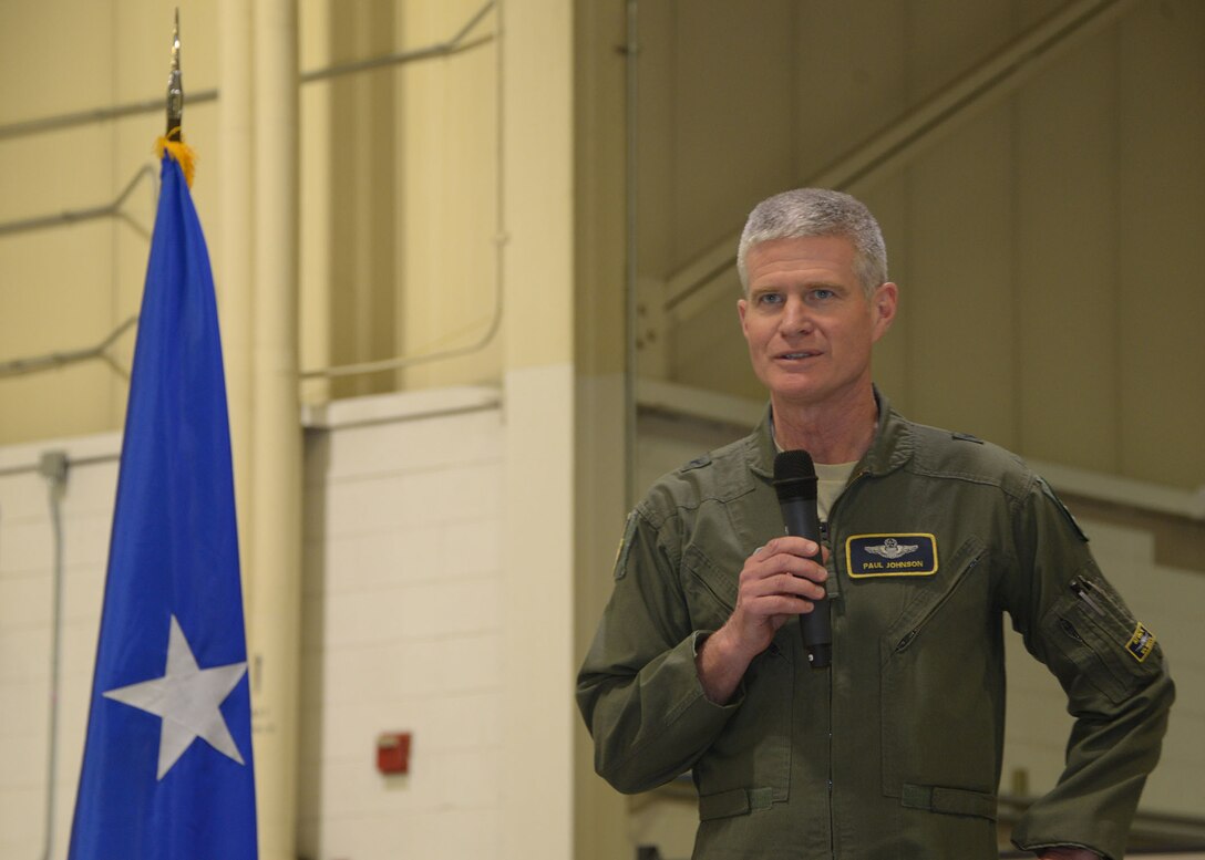 U.S. Air Force Brig. Gen. Paul Johnson, 175th Wing commander, addresses the crowd during a change of command ceremony February 11, 2018 at Warfield Air National Guard Base, Middle River, Md.