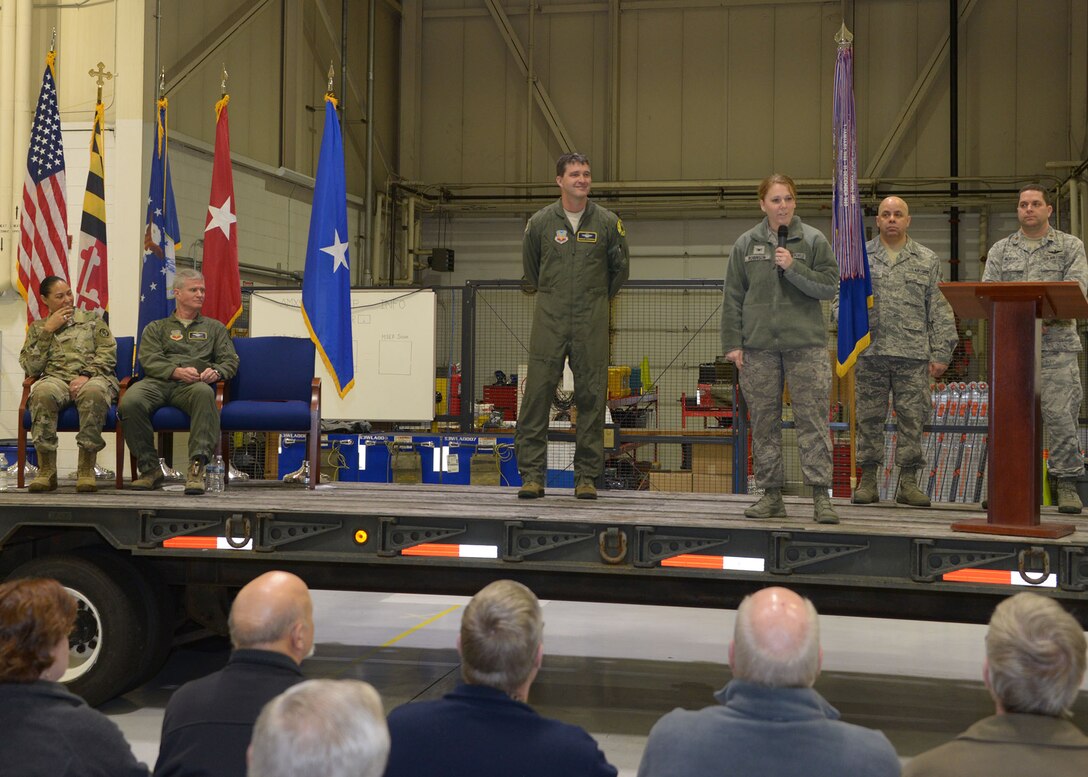 Members of the 175th Wing gathered for a change of command ceremony February 11, 2018 where U.S. Air Force Brig. Gen. Paul Johnson assumed command of the wing at Warfield Air National Guard Base, Middle River, Md.