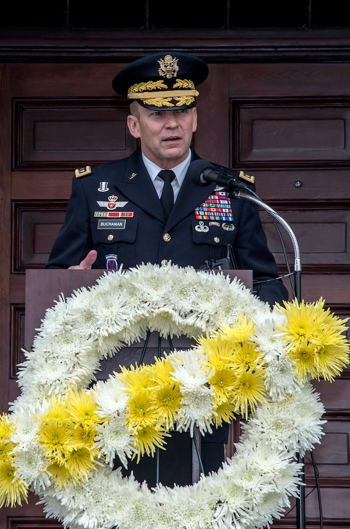 Lt. Gen. Jeffrey Buchanan, commanding general of U.S. Army North (Fifth Army), at Joint Base San Antonio-Fort Sam Houston, gives the closing remarks at the ceremony celebrating the 108th anniversary of the first military flight made by Army Lt. Benjamin Foulois at Fort Sam Houston on March 2, 1910.