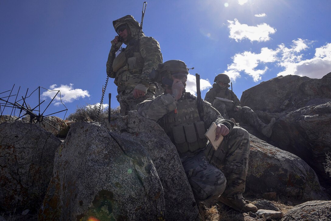 Joint Terminal Attack Controllers from the 93d Air Ground Operations Wing communicate target locations to pilots during a live-bomb exercise as part of Ft. Irwin, California’s National Training Center pre-deployment rotation, Feb. 22, 2018. During the month-long rotation, 93d Air Ground Operations Wing units embedded with approximately 4,000 soldiers in the largest force-on-force live-fire exercise in the world. The 93d AGOW provided tactical air control party support to enhance interoperability for major combat operations downrange. (U.S. Air Force photo by Senior Airman Greg Nash)