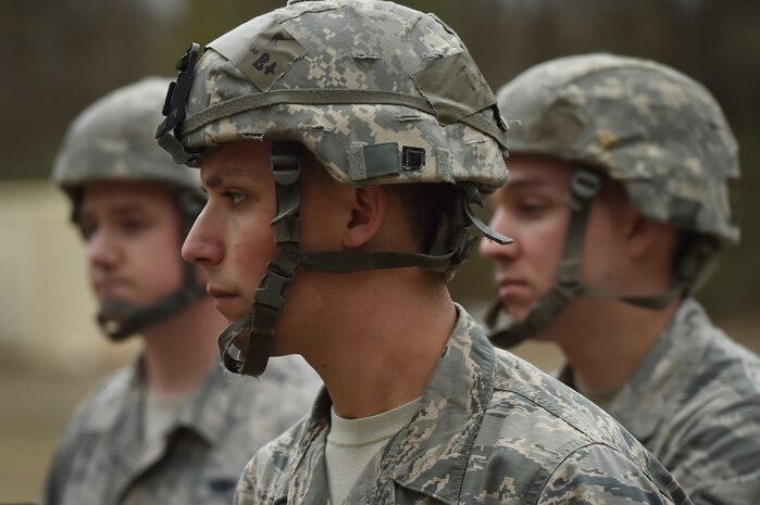 Airmen listen to an ability to survive and operate training briefing as part of Mobility Exercise Bold Eagle Feb. 28, at Joint Base Charleston, S.C.