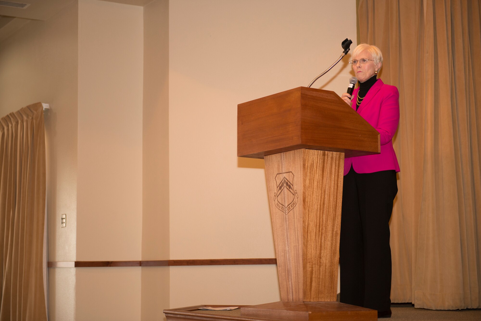 Georgia Lord, mayor of Goodyear, speaks to attendees during the Women’s History Month breakfast at Luke Air Force Base, Ariz., March 1, 2018. Lord spoke about her childhood growing up with a tenacious single mother who demonstrated many of the traits that have led to her success in life and deciding to be a mayor. (U.S. Air Force photo/Senior Airman Ridge Shan)