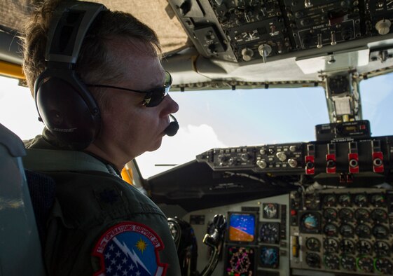 Lt. Col. Reese Evers, 15th Operations Support Squadron KC-135 Stratotanker pilot, flies during a C-17 Globemaster III refueling mission over Joint Base Pearl Harbor-Hickam, Hawaii, Feb. 14, 2018.  Evers retired as a command pilot with over 4,100 total flying hours in tactical airlift, airdrop, air assult, night vision, formation, aero-medical evacuation, VIP airlift, and strategic tanker operation and as one of the last members of the 96th Air Refueling Squadron. (U.S. Air Force photo by Tech. Sgt. Heather Redman)