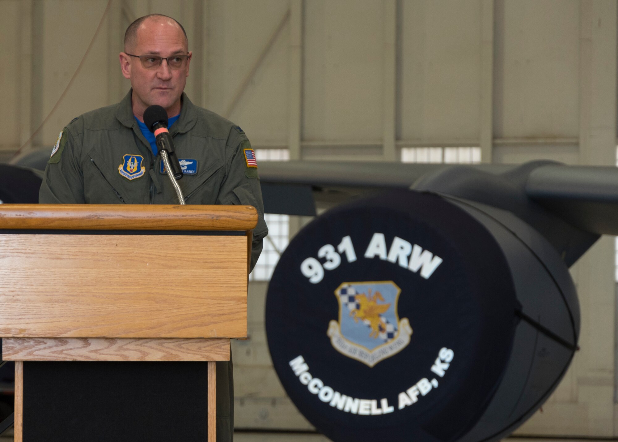 Col. Kevin Rainey, speaks to Team McConnell members during an assumption of command ceremony, Mar. 2, 2018, at McConnell Air Force Base, Kan