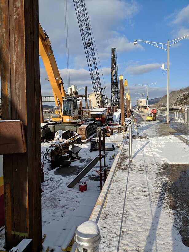 This photos shows a downstream view from the middle chamber at Dashields Lock and Dam on the Ohio River.