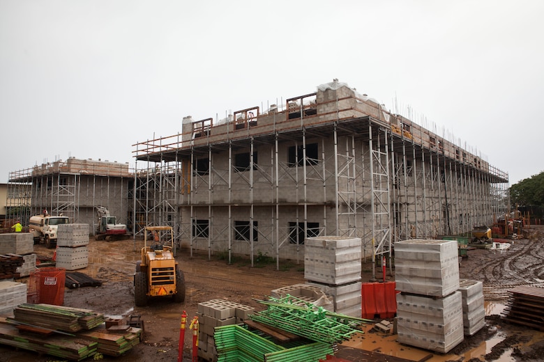 A new barracks is being constructed on Marine Corps Base Hawaii, Feb. 15, 2018. When construction is complete the new facility will house inbound aviation personnel and will include modern standards of living for the Service members. (U.S. Marine Corps photo by Sgt. Jesus Sepulveda Torres)