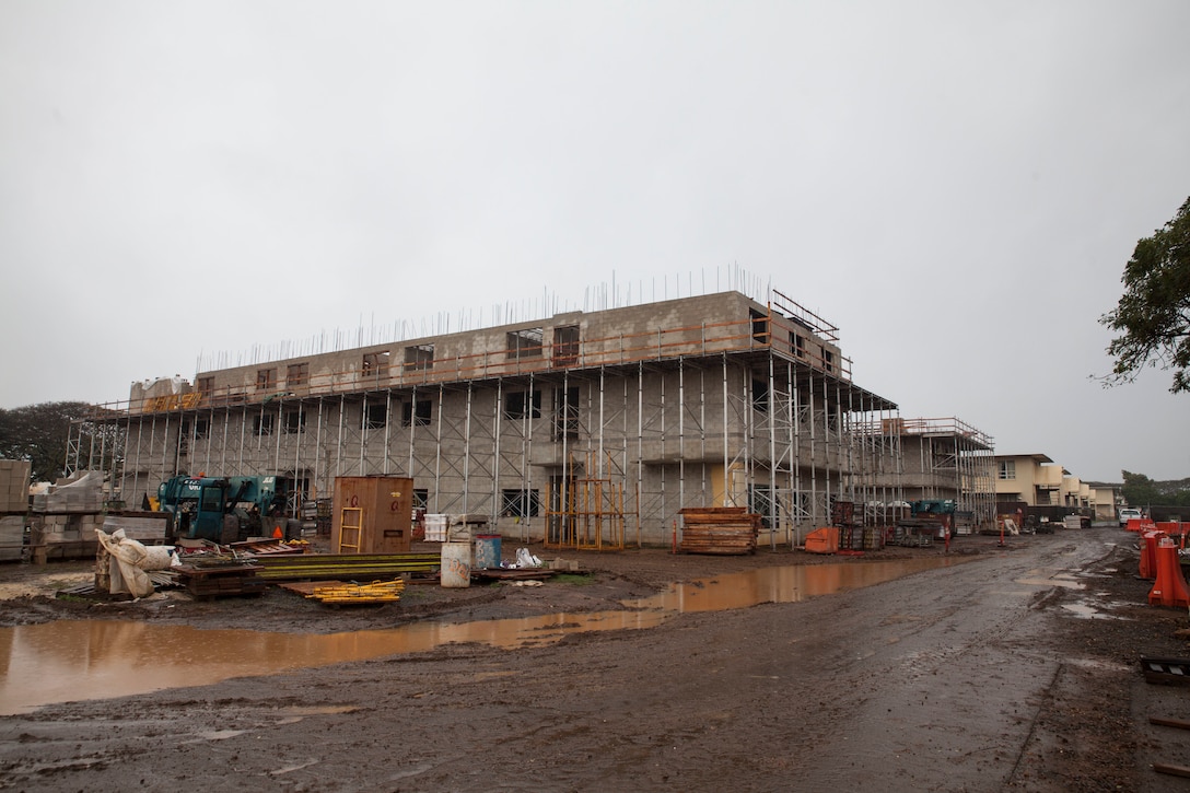 A new barracks is being constructed on Marine Corps Base Hawaii, Feb. 15, 2018. When construction is complete the new facility will house inbound aviation personnel and will include modern standards of living for the Service members. (U.S. Marine Corps photo by Sgt. Jesus Sepulveda Torres)