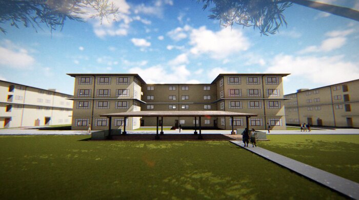 A concept illustration of the new barracks that are being built on Marine Corps Base Hawaii (MCBH), Feb. 15, 2018. When construction is complete the new facility will house inbound aviation personnel and will include modern standards of living for the Service members. (Courtesy rendering provided by MCBH Naval Facilities)
